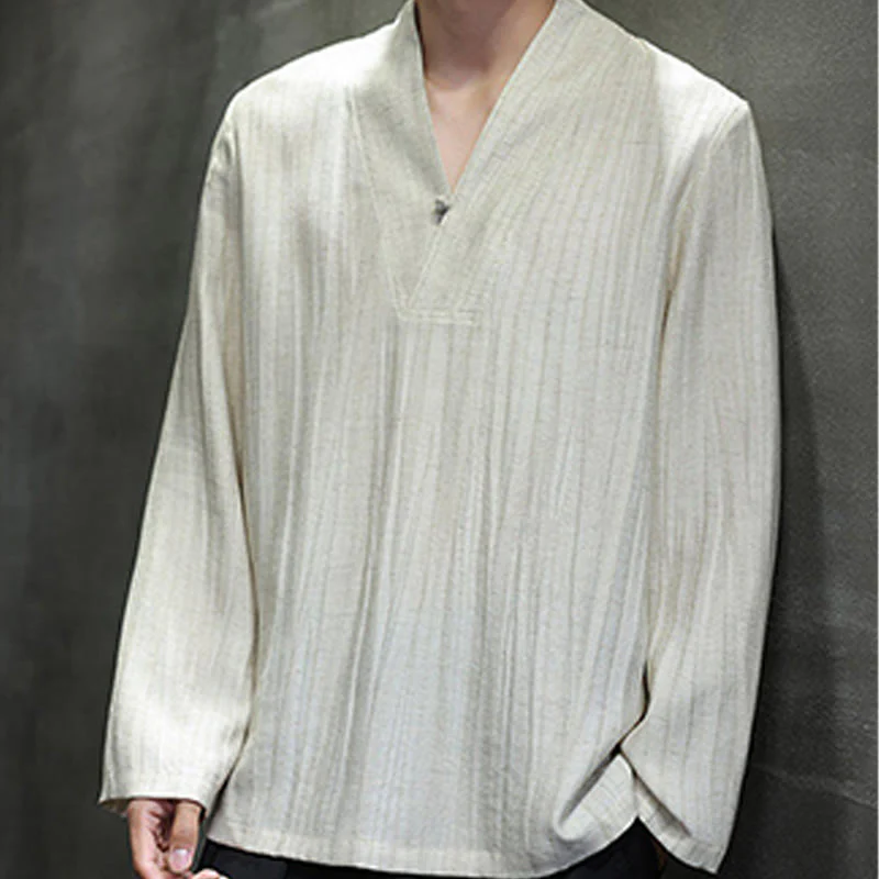 Buddha Stones Plain V-Neck Long Sleeve Men's Linen Shirt