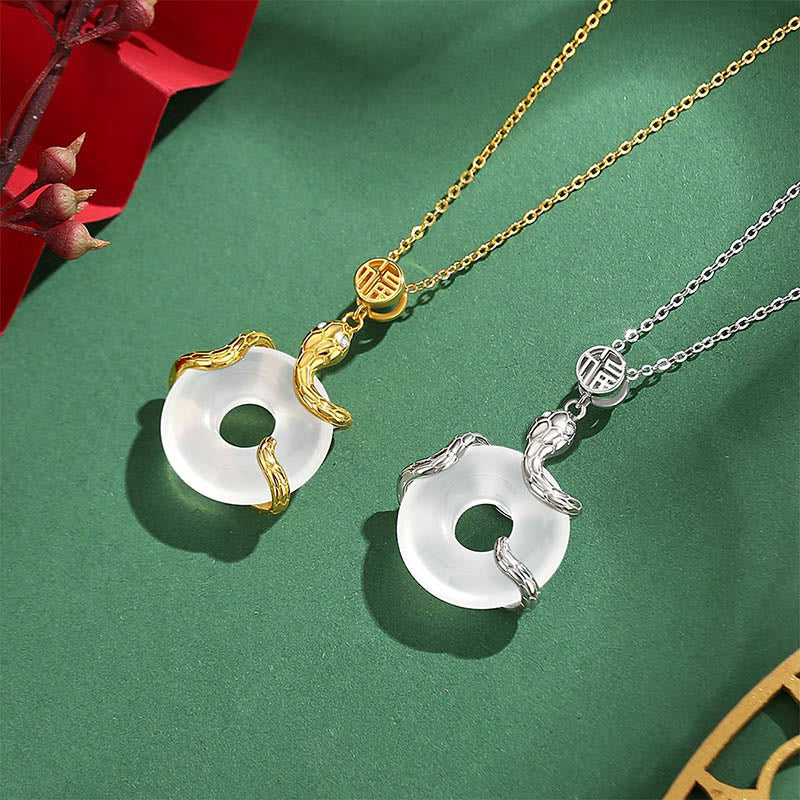 Buddha Stones Chalcedony Peace Buckle 925 Sterling Silver Fu Character Year Of The Snake Positive Necklace Pendant