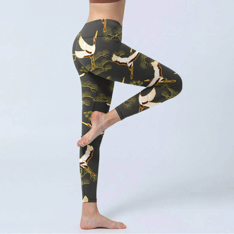 Buddha Stones Soaring Crane Pine Tree Pattern Print Gym Leggings Women's Yoga Pants