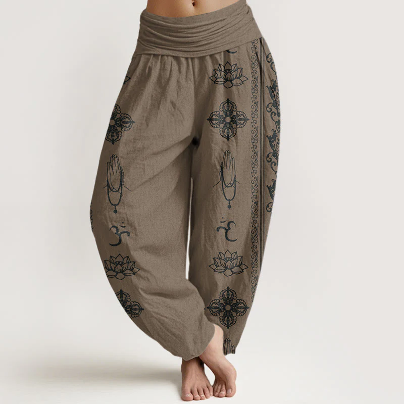 Buddha Stones Lotus Flowers Double Dorje Vajra Namaste Om Design Women's Elastic Waist Harem Pants