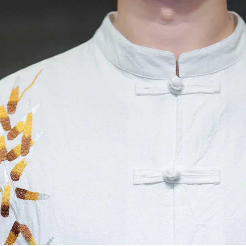 Buddha Stones Embroidery Men's  Chinese Frog-Button Three Quarter Sleeve Shirt Clothing