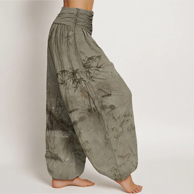 Buddha Stones Casual Bamboo Rock Ink Painting Women's Elastic Waist Harem Pants