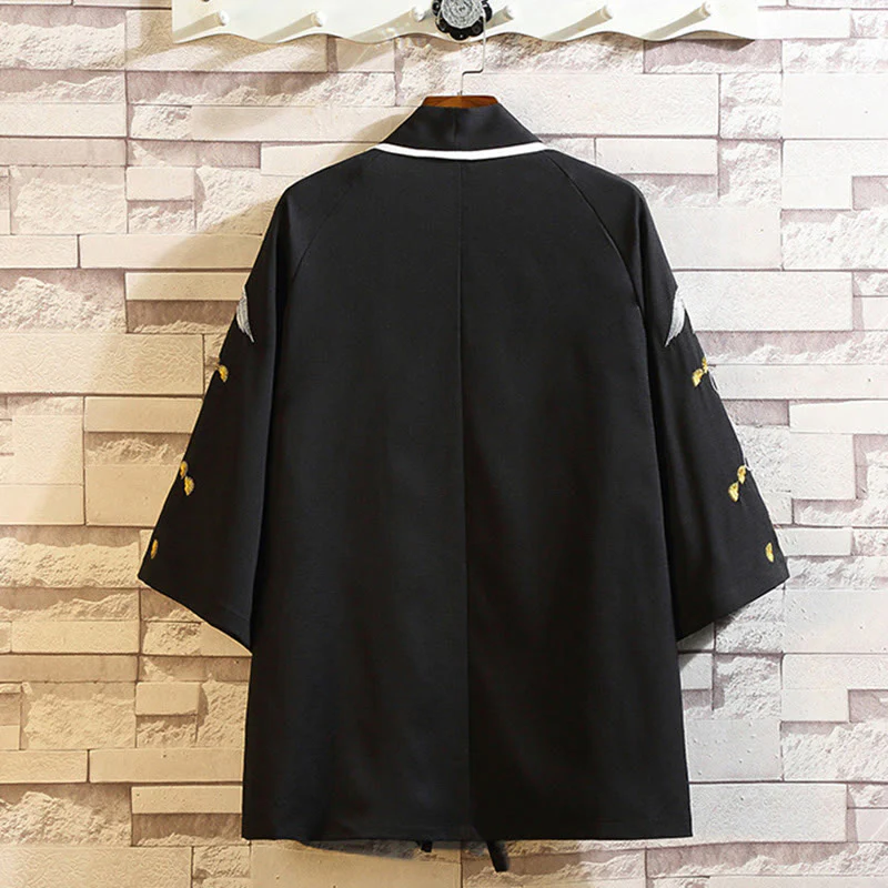 Buddha Stones Embroidery Dragon Phoenix Auspicious Cloud Waves Leaves Cranes Open Front Jacket Men's Kimono