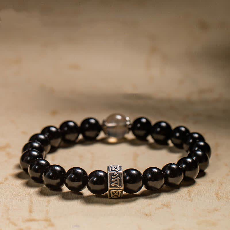 Buddha Stones Chinese Zodiac Natal Buddha 925 Sterling Silver Black Obsidian Moonstone Strength Bracelet