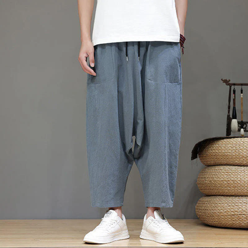 Buddha Stones Casual Plain Low Crotch Design Drawstring Men's Cotton Elastic Waistband Wide Leg Pants With Pockets