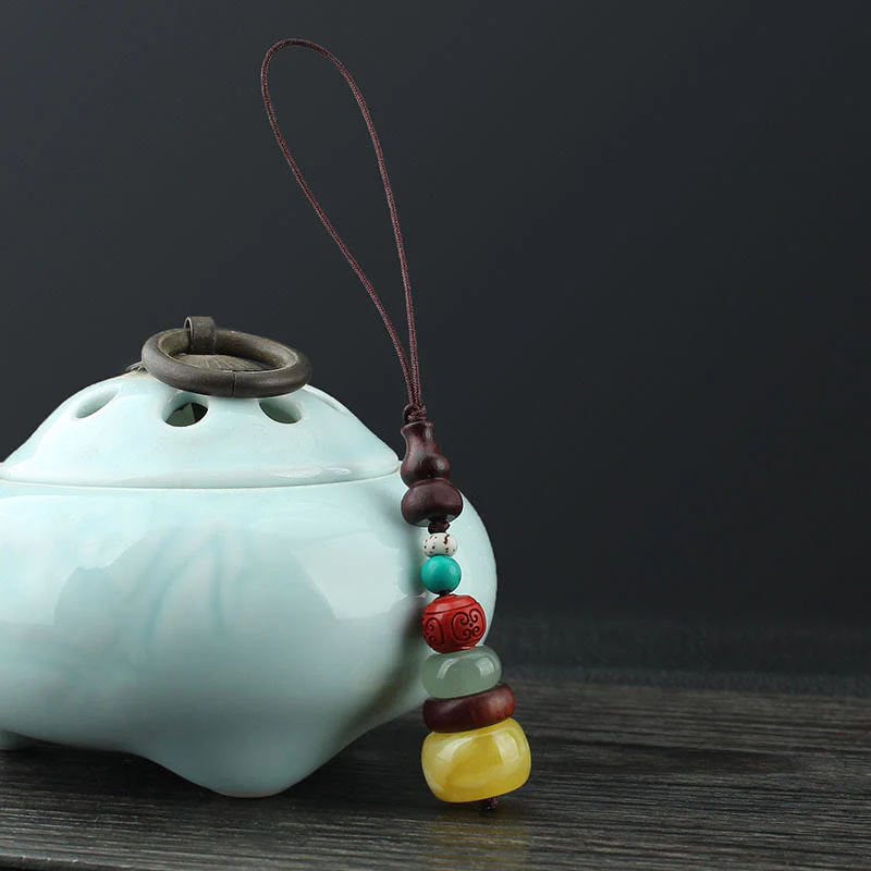 Buddha Stones Green Sandalwood Ebony Wood Gourd Seven Layer Pagoda Positive Phone Hanging Decoration