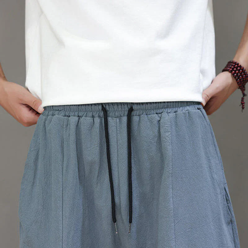 Buddha Stones Casual Plain Low Crotch Design Drawstring Men's Cotton Elastic Waistband Wide Leg Pants With Pockets