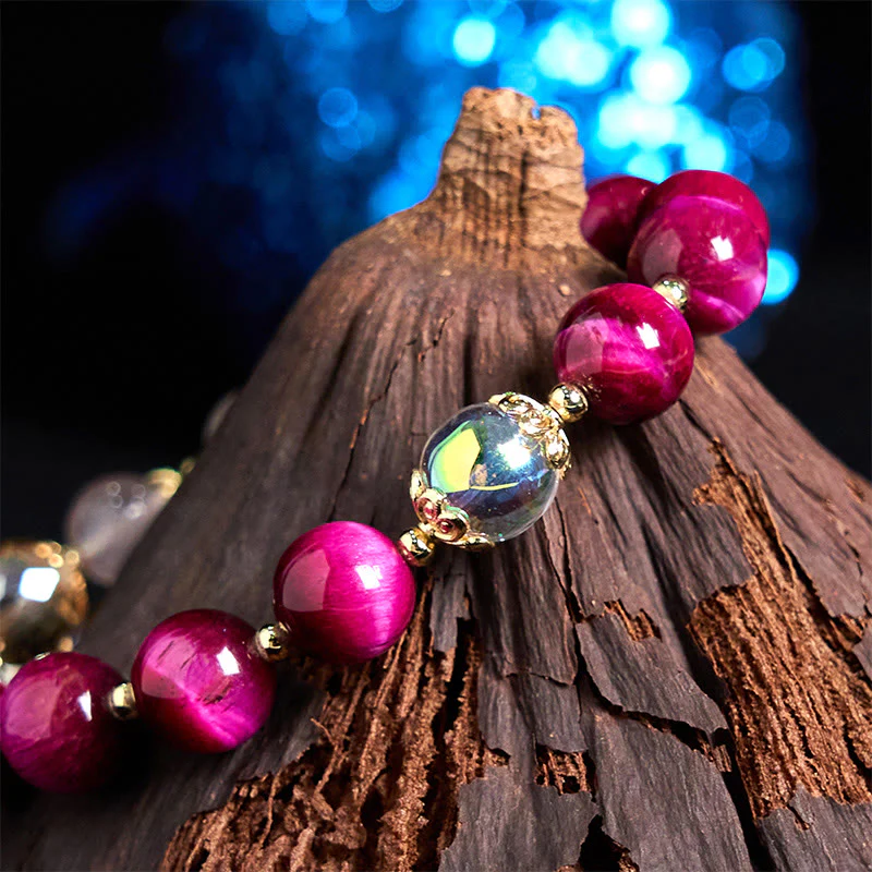 Buddha Stones Natural Red Tiger Eye Purple Tiger Eye Beads Green Leaf Protection Bracelet