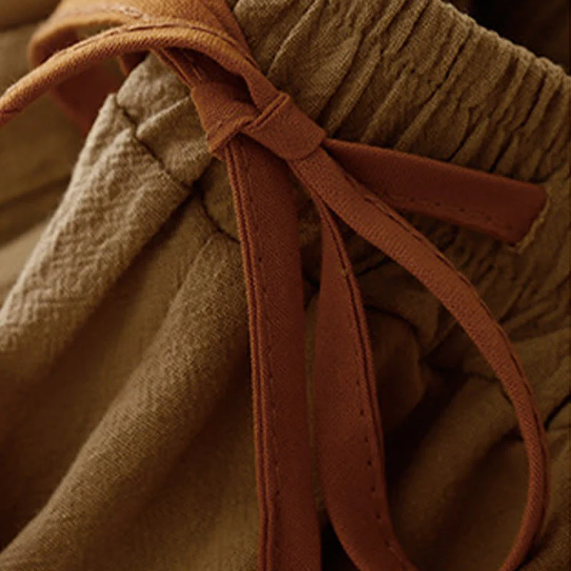 Buddha Stones Casual Simple Design Drawstring Split Cotton Linen Women's Wide Leg Pants With Pockets