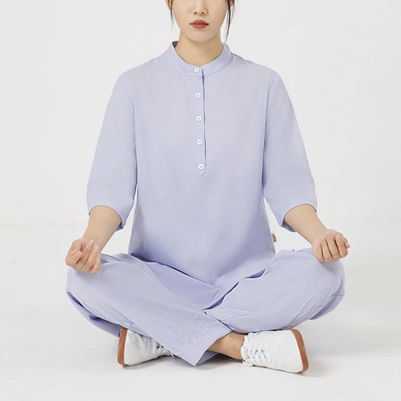 Buddha Stones 2Pcs Solid Color Three Quarter Shirt Top Pants Meditation Zen Tai Chi Cotton Linen Clothing Women's Set