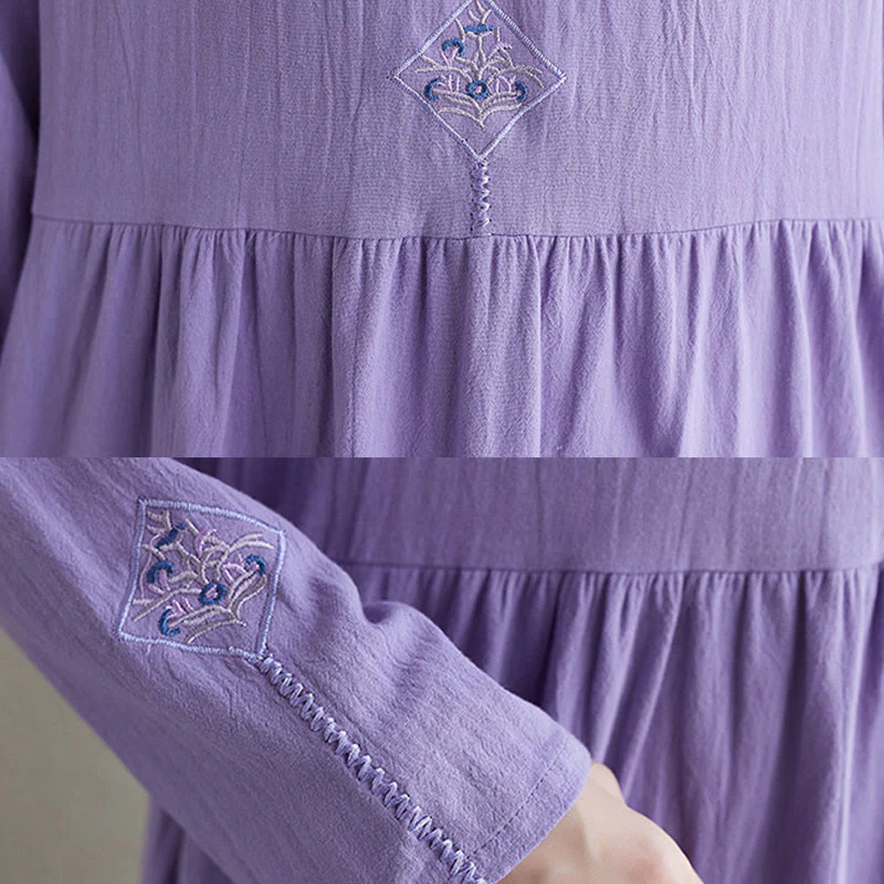 Buddha Stones Fall Ethnic Embroidery Cotton Linen Midi Dress With Pockets