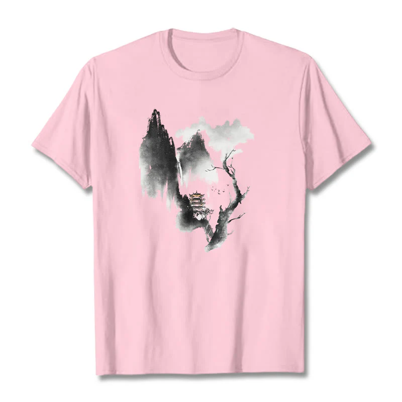 Buddha Stones Pavilion Tree Geese Around The Mountains Pattern Tee T-shirt