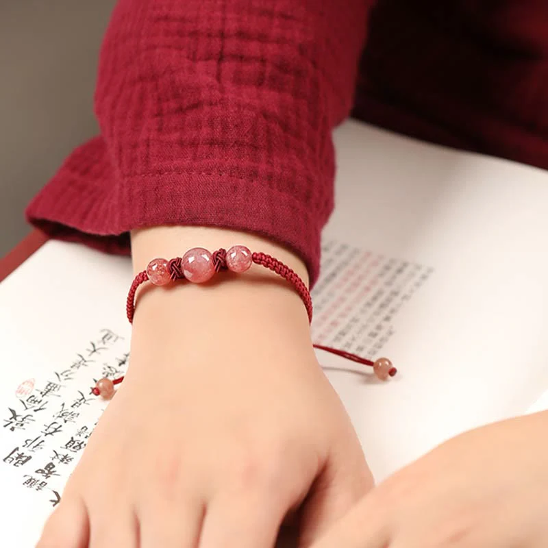 Buddha Stones Natural Strawberry Quartz Crystal Love Red String Weave Bracelet Anklet (Extra 30% Off | USE CODE: FS30)