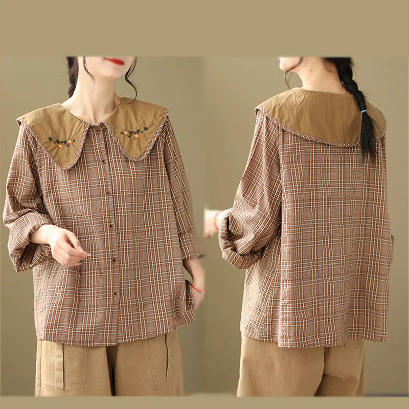 Buddha Stones Embroidered Plaid Pattern Cotton Women's Shirt
