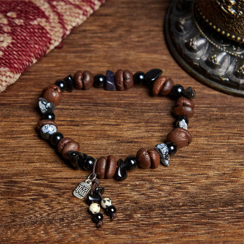 Buddha Stones Natural Coffee Beans Tiger Eye Fu Character Protection Bracelet