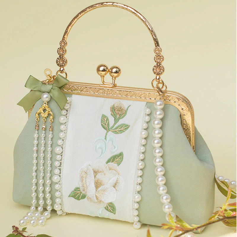 Buddha Stones Double-sided Flowers Embroidery Pearl Pendant Metal Chain Crossbody Bag Handbags