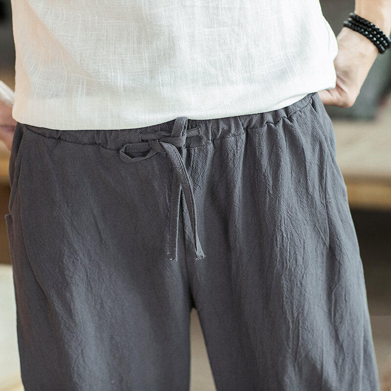 Buddha Stones Crane Embroidery Cotton Men's Cropped Harem Pants With Pockets