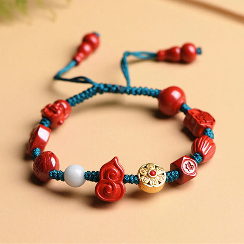Buddha Stones Natural Cinnabar Gourd Om Mani Padme Hum Laughing Buddha Blessing String Bracelet
