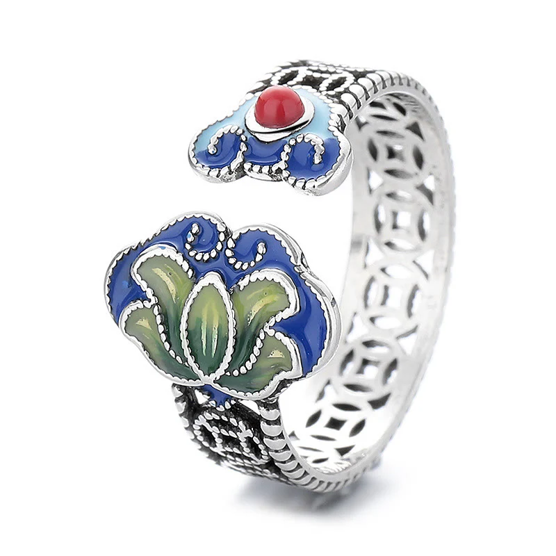 Buddha Stones Lotus Flower Copper Coins Ruyi Handle Pattern Enlightenment Adjustable Ring