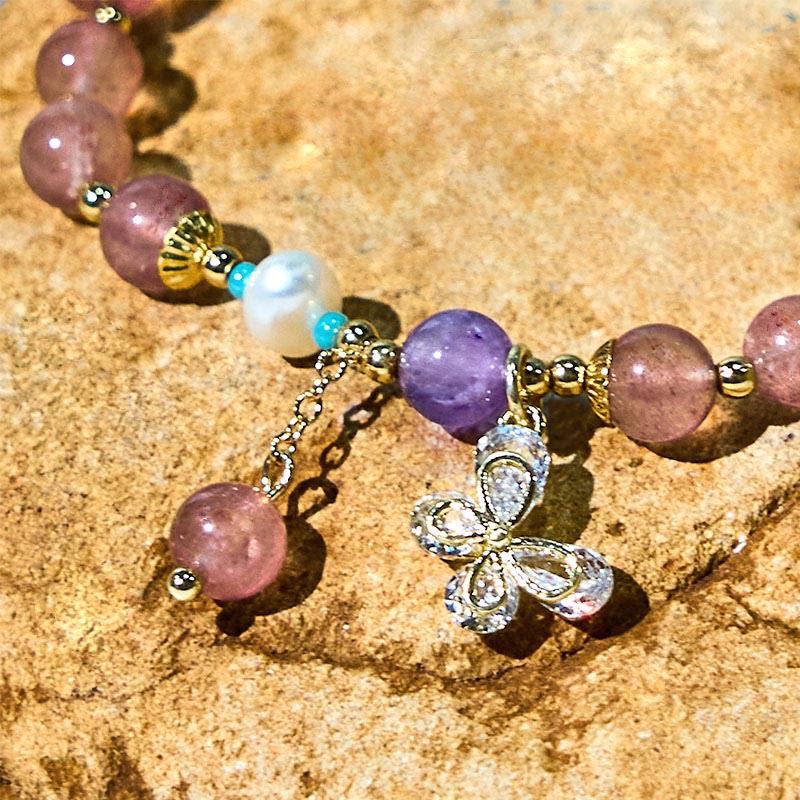 Buddha Stones Natural Strawberry Quartz Green Strawberry Quartz Butterfly Charm Love Bracelet