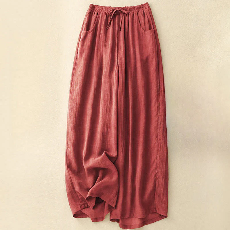 Buddha Stones Spring Pure Color Drawstring Double Layer Cotton Linen Women's Wide Leg Pants With Pockets