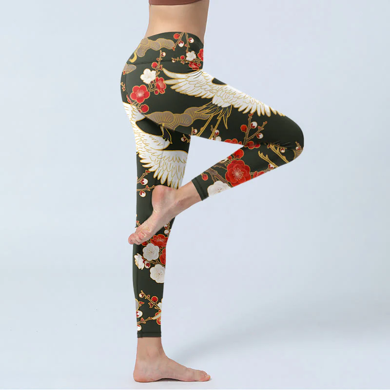 Buddha Stones Red Crowned Cranes Plum Blossoms Branches Pattern Print Gym Leggings Women's Yoga Pants