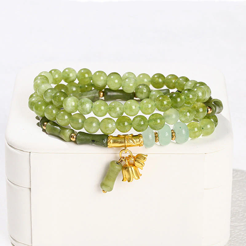 Buddha Stones Retro Multilayer Lily of the Valley Bamboo Green Chalcedony Strength Bracelet