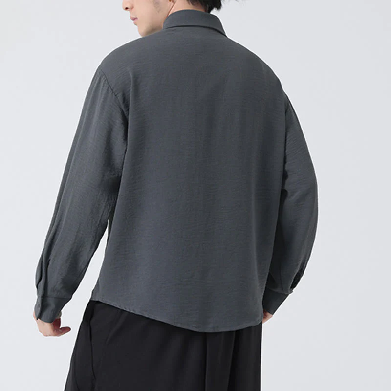 Buddha Stones Plain Buttons Stand Collar Long Sleeve Men's Cotton Shirt