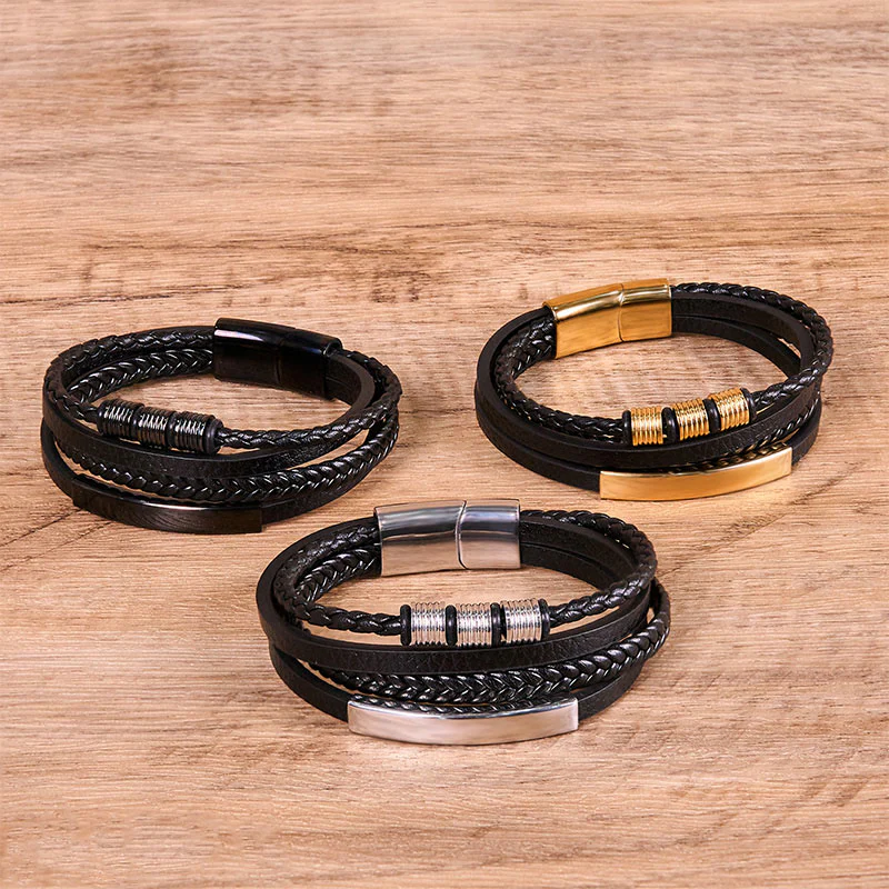 Buddha Stones Fashion Titanium Steel Leather Hand Woven Magnetic Buckle Strengthen Bracelet