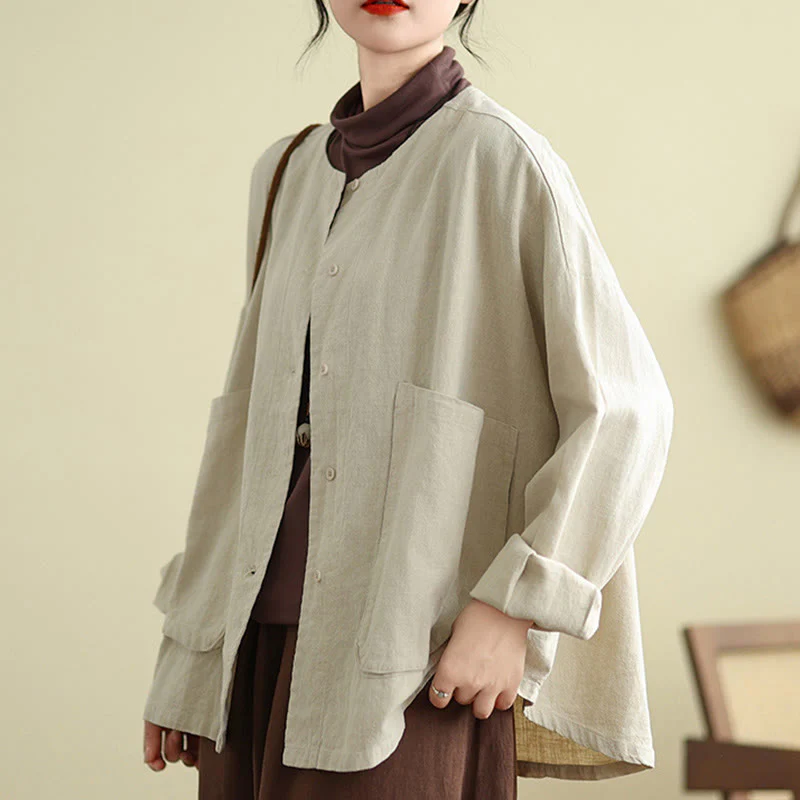 Buddha Stones Plain Design Long Sleeve Women's Cotton Linen Jacket With Pockets