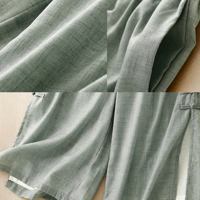 Buddha Stones Frog-Button Hem Slit Design Women's Wide Leg Cotton Linen Pants With Pockets