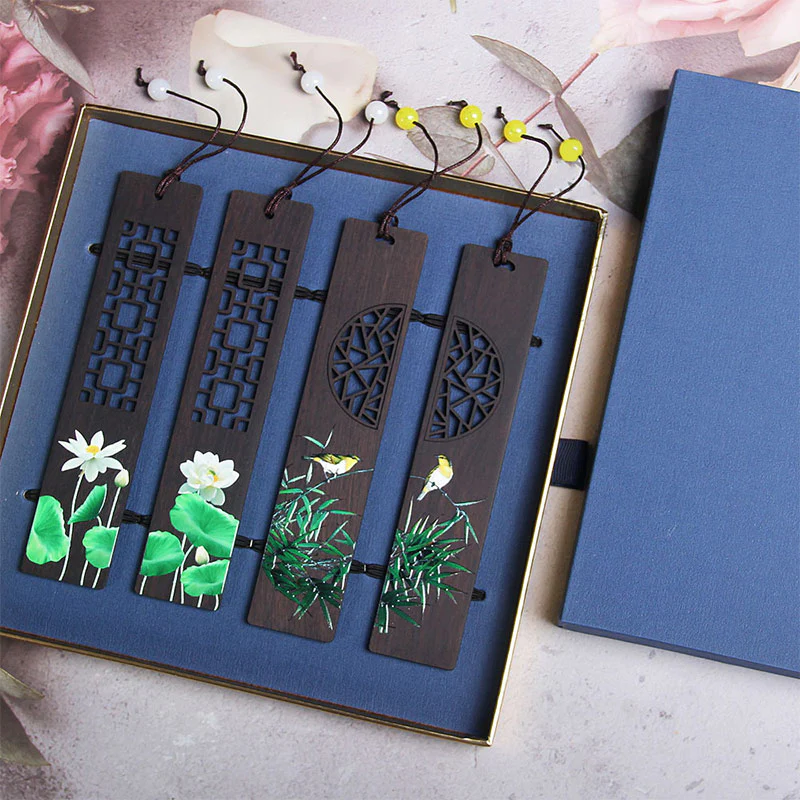 Buddha Stones Green Lotus Bamboo Oriole Ebony Wood Bookmarks With Gift Box