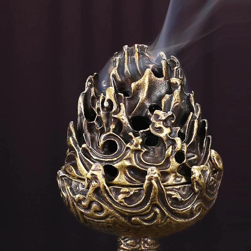 Buddha Stones Tibetan Mini Mountain Pattern Meditation Copper Alloy Incense Burner