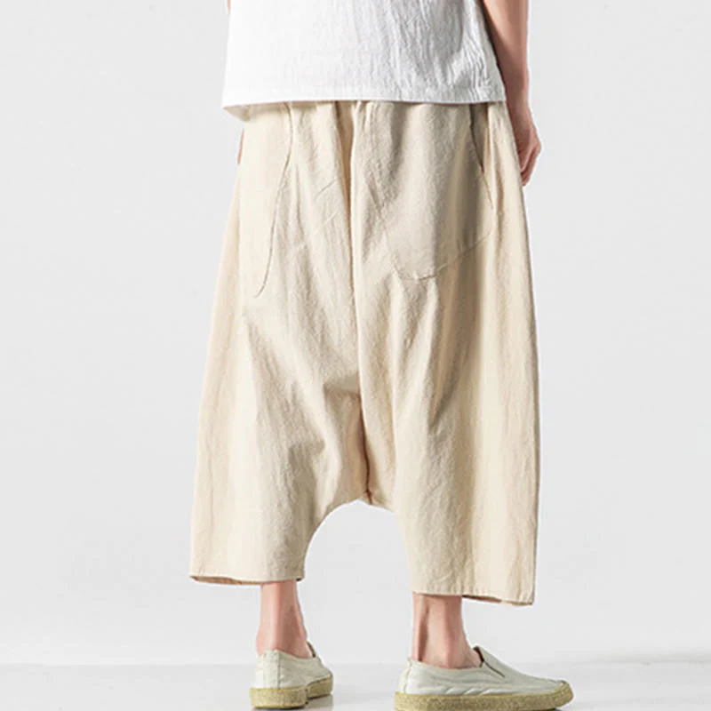 Buddha Stones Casual Low Crotch Design Drawstring Men's 7-8 Length Cotton Linen Wide Leg Pants With Pockets