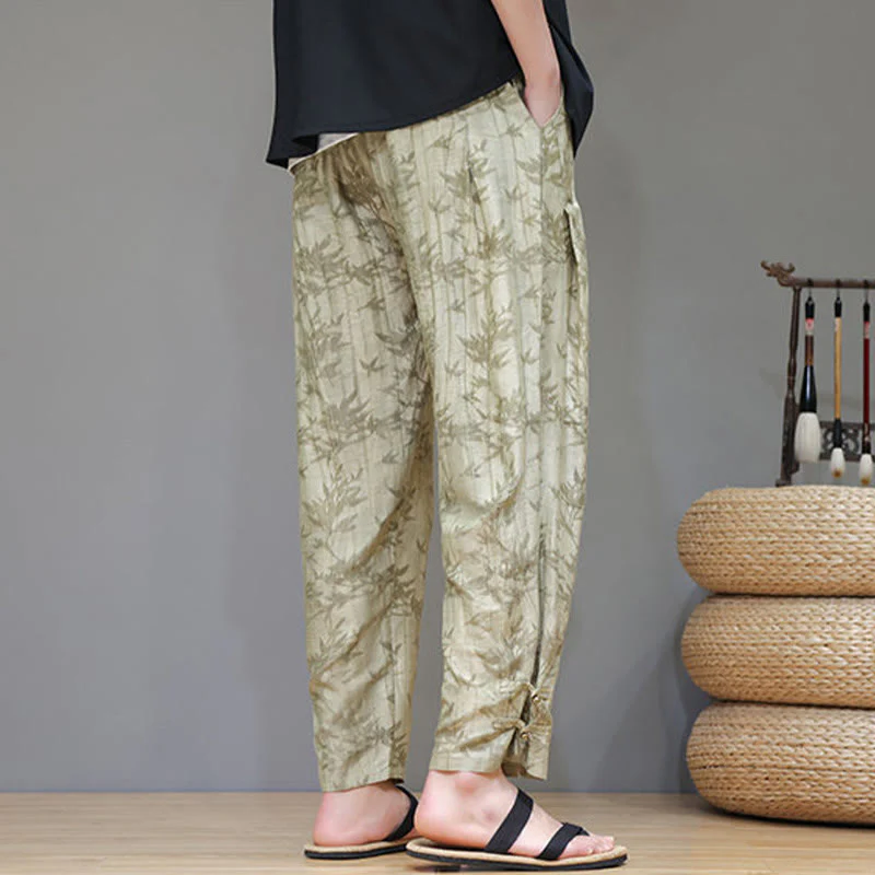 Buddha Stones Bamboo Ankle Frog-button Drawstring Men's Pants With Pockets
