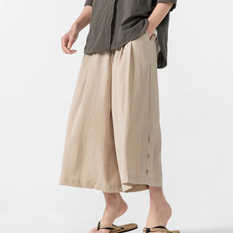 Buddha Stones Casual Loose Frog-Button Plain Men's Cotton 7-8 Length Wide Leg Pants With Pockets