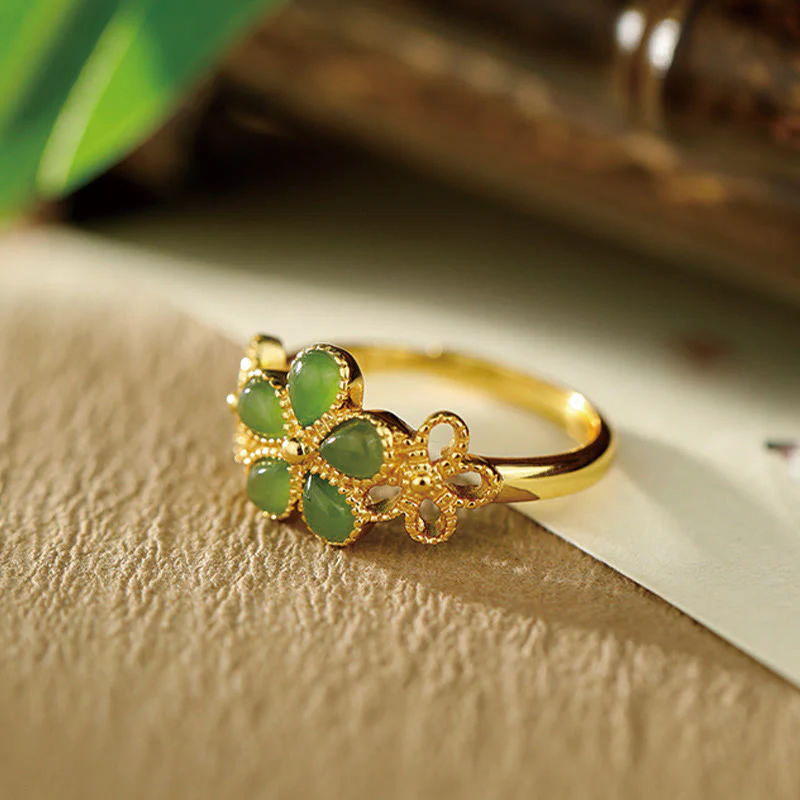 Buddha Stones Natural Hetian Jade 925 Sterling Silver Plated Gold Flower Adjustable Prosperity Ring