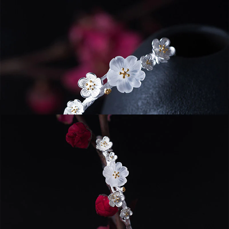 Buddha Stones 925 Sterling Silver Plum Flower Blessing Bracelet Adjustable Bangle