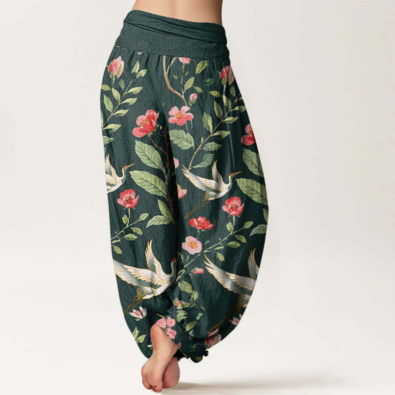 Buddha Stones Casual Red Flowers Crane Pattern Women's Elastic Waist Harem Pants