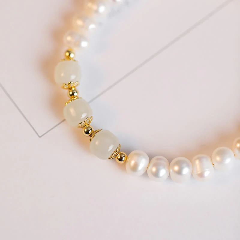 Buddha Stones 14K Gold Plated Natural Pearl Hetian Cyan Jade White Jade Sincerity Bead Chain Bracelet