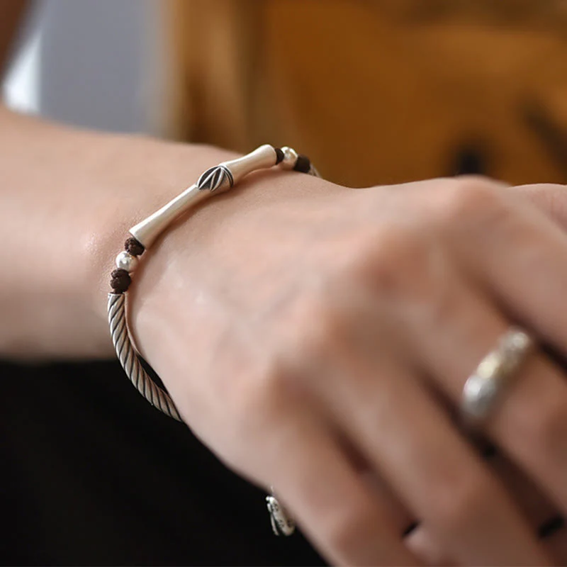 Buddha Stones 999 Sterling Silver Bamboo Pattern Cicada Luck Wealth Bracelet