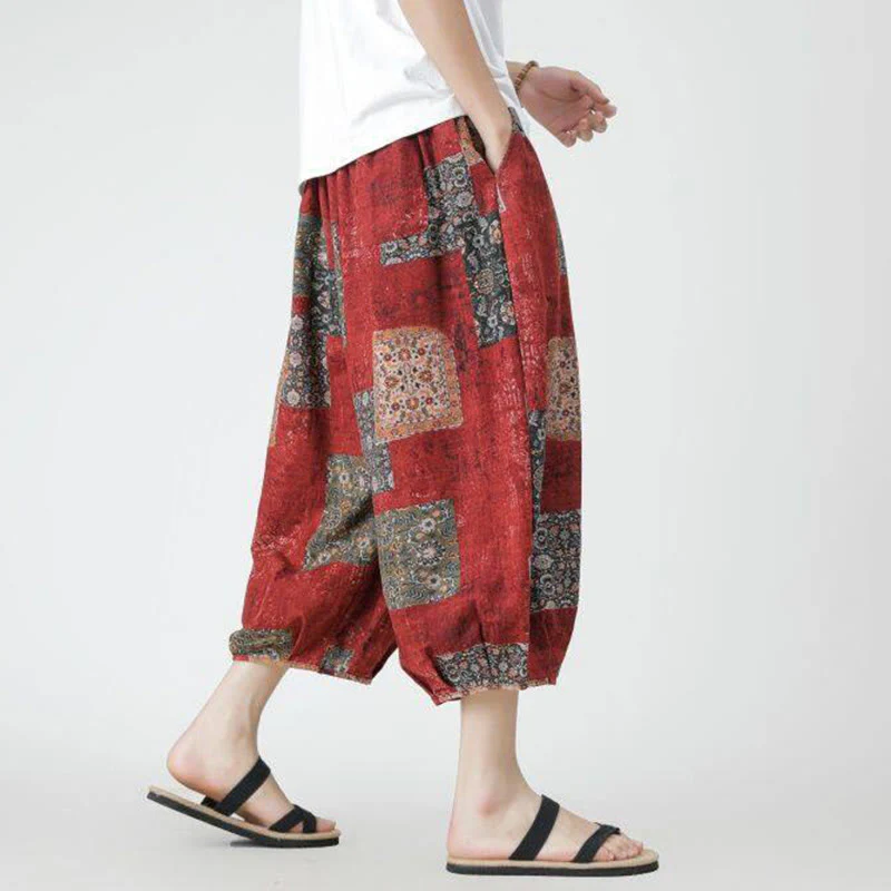 Buddha Stones Summer Square Patchwork Elephant Mandala Geometry Cotton Linen Men's 7-8 Length Pants With Pockets