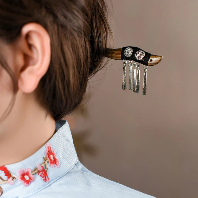 Buddha Stones Silver Tassel Green Sandalwood Soothing Hairpin