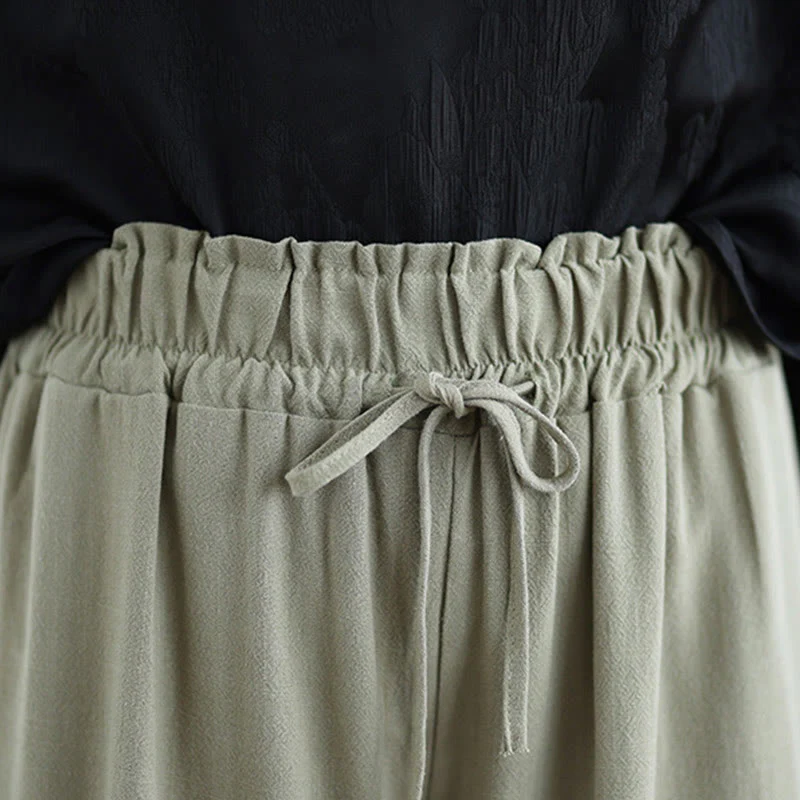 Buddha Stones Commute Plain Simple Lace-Up Design Women's Wide Leg Cotton Linen Pants With Pockets