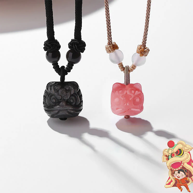 Buddha Stones Natural Silver Sheen Obsidian Red Agate Dancing Lion Protection Necklace Pendant