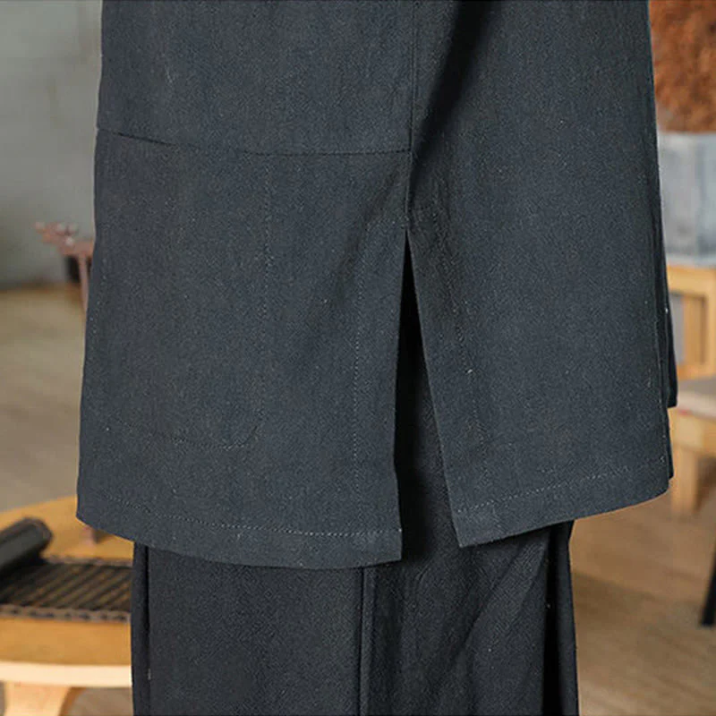 Buddha Stones Frog-Button Chinese Tang Suit Three Quarter Sleeve Cotton Linen Men's Shirt