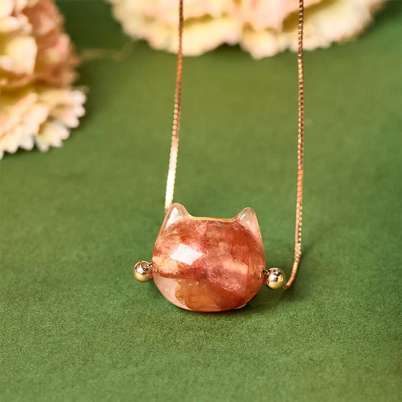 Buddha Stones 925 Sterling Silver Cat Head Natural Red Flower Quartz Protection Necklace Pendant