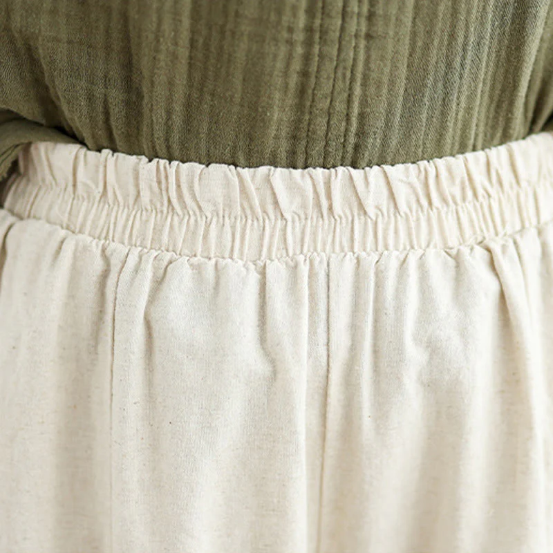 Buddha Stones Casual Plain Lace Splicing Cotton Linen Women's Cropped Wide Leg Pants With Pockets