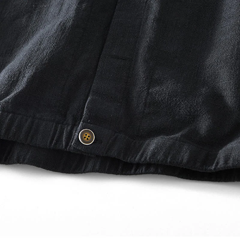Buddha Stones Casual Plain Simple Buttons Design Men's Long Sleeve Ramie Linen Jacket With Pockets