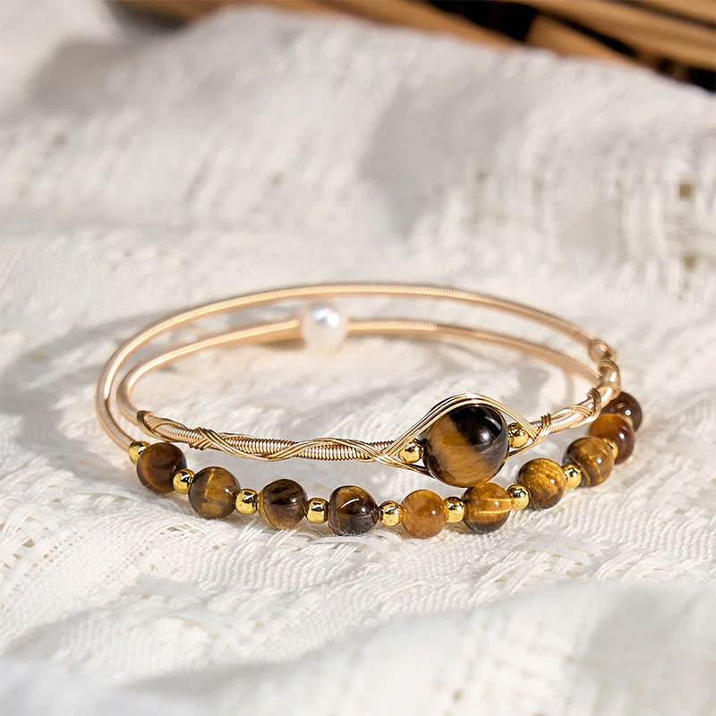 Buddha Stones 14K Gold Filled Copper Natural Tiger Eye Protection Metal Cuff Bracelet Bangle